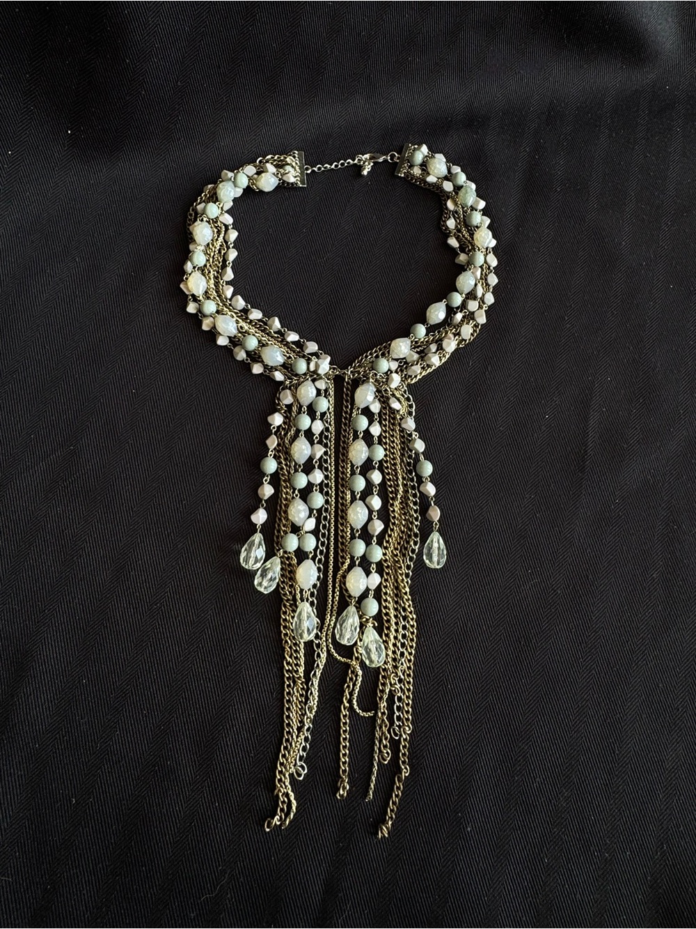 Statement Elegant Mint & Gold Beaded Fringe Long Necklace